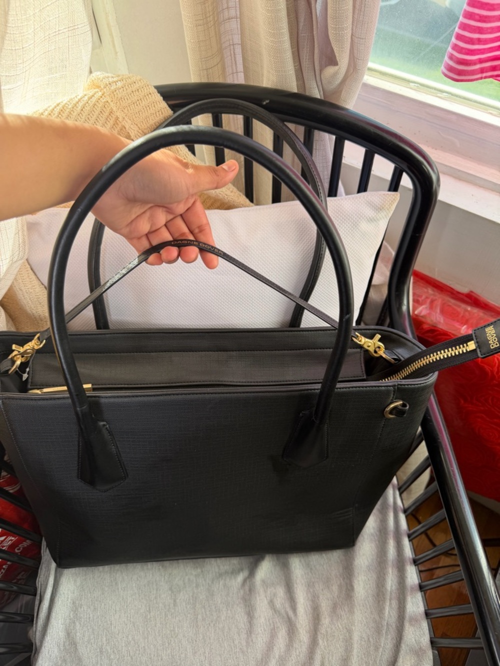 Dagne Dover Black Structured Tote with Gold Hardware